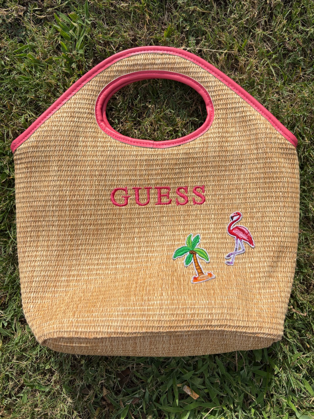 Guess Straw Tote with Pink Trim and Colorful Embroidery